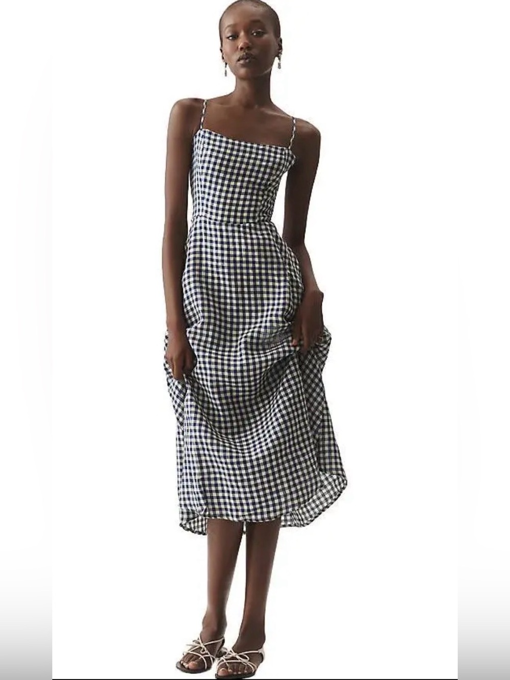 NWT Anthropologie Linen Gingham Spaghetti-Strap Midi Dress Sz XS